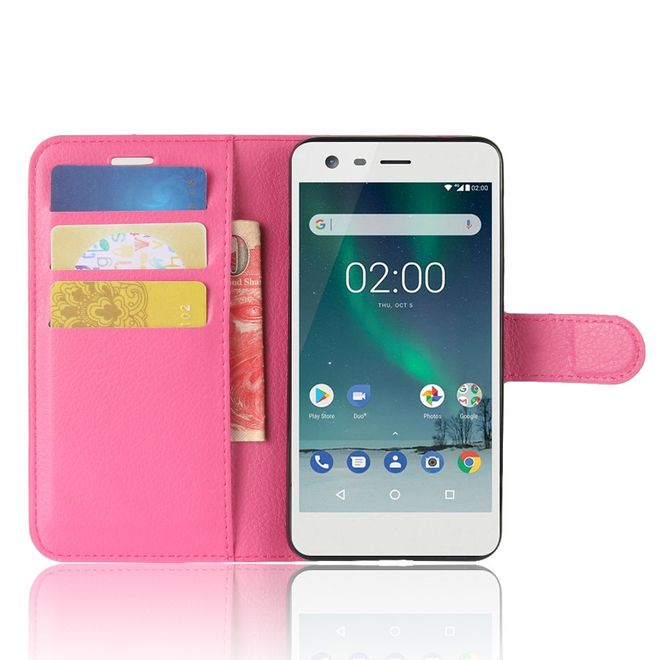Nokia 2 Handy Hülle - Leder Bookcover - mit Litchitextur und Visitenkartenfach - rosa