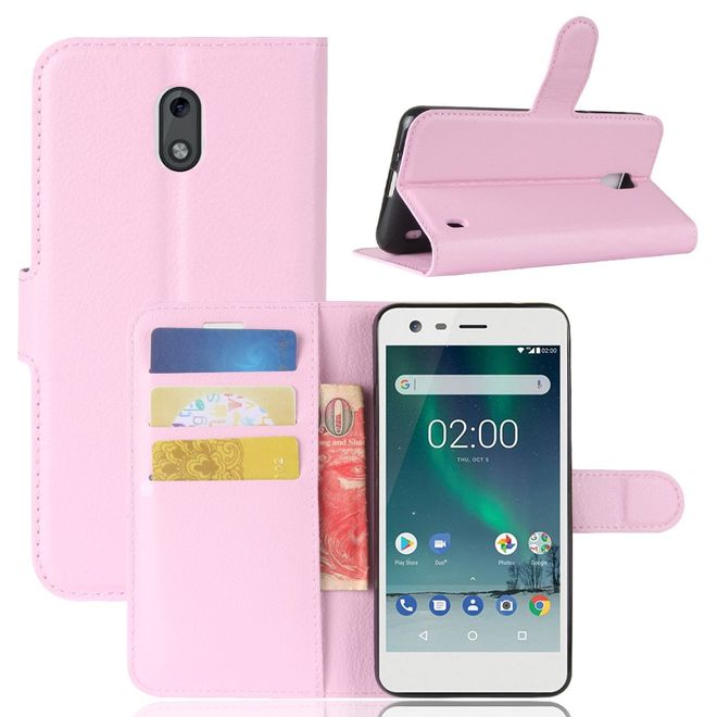 Nokia 2 Handy Hülle - Leder Bookcover - mit Litchitextur und Visitenkartenfach - pink