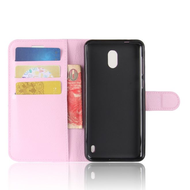 Nokia 2 Handy Hülle - Leder Bookcover - mit Litchitextur und Visitenkartenfach - pink