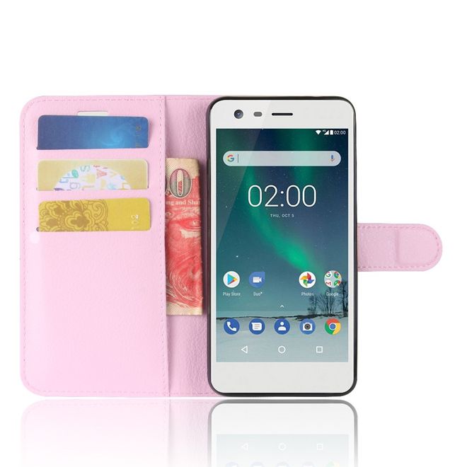 Nokia 2 Handy Hülle - Leder Bookcover - mit Litchitextur und Visitenkartenfach - pink