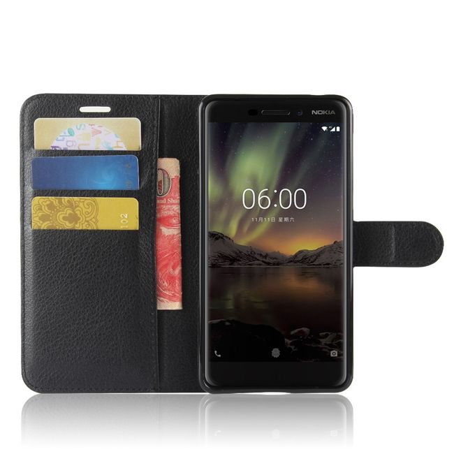 Nokia 6 / 6.1 (2018) Handy Cover - Hülle aus Leder - mit Litchitextur und Standfunktion - schwarz