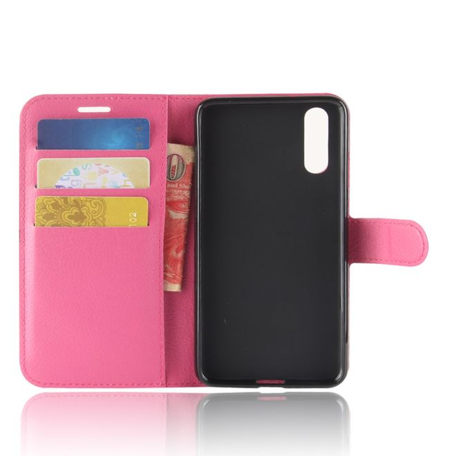 Huawei P20 Handy Hülle - Bookcover aus Leder - mit Litchitextur und Visitenkartenfächer - rosa