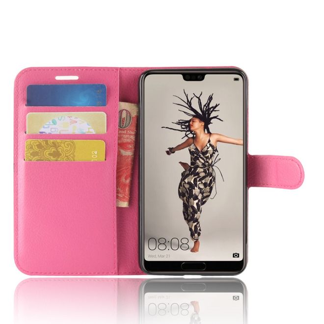 Huawei P20 Handy Hülle - Bookcover aus Leder - mit Litchitextur und Visitenkartenfächer - rosa