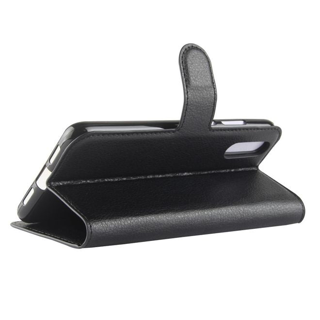 Huawei P20 Handy Hülle - Bookcover aus Leder - mit Litchitextur und Visitenkartenfächer - schwarz