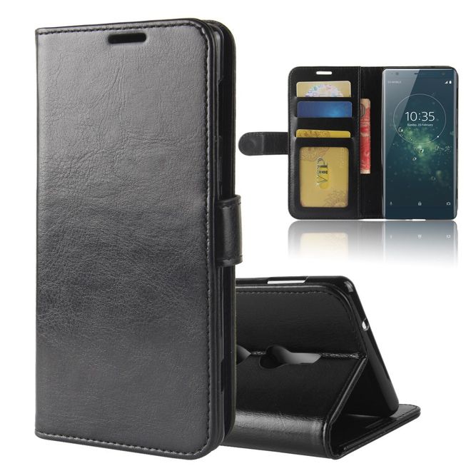 Sony Xperia XZ2 Handy Hülle - Crazy Horse Leder Bookcover - mit Magnetverschluss - schwarz