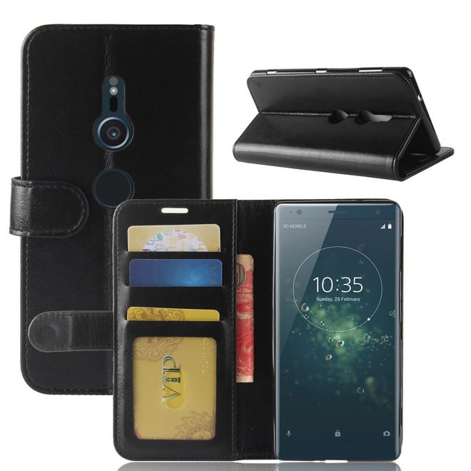 Sony Xperia XZ2 Handy Hülle - Crazy Horse Leder Bookcover - mit Magnetverschluss - schwarz