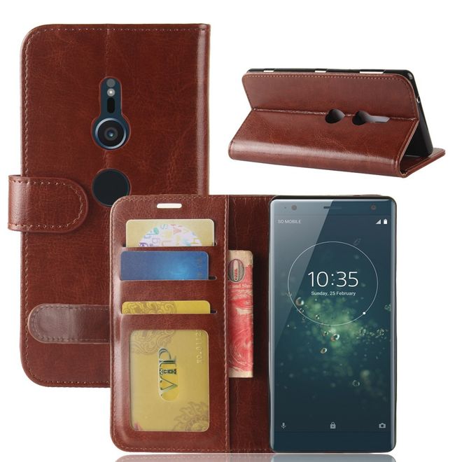 Sony Xperia XZ2 Handy Hülle - Crazy Horse Leder Bookcover - mit Magnetverschluss - braun