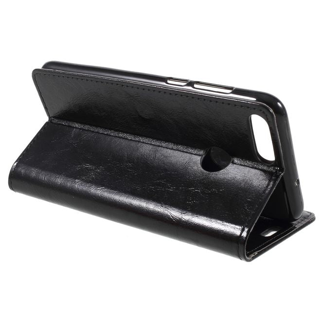 Huawei P Smart Handy Hülle - Crazy Horse Leder Case - mit Standfunktion - schwarz