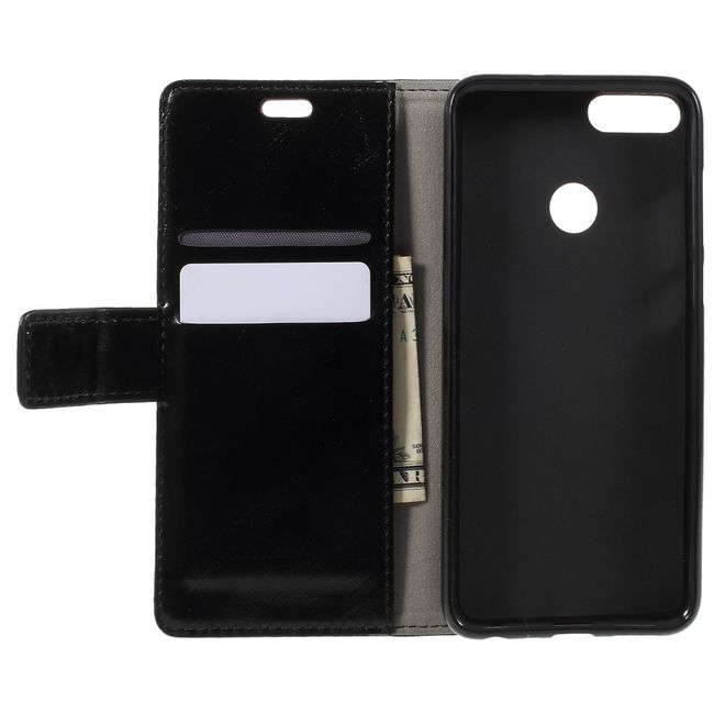 Huawei P Smart Handy Hülle - Crazy Horse Leder Case - mit Standfunktion - schwarz