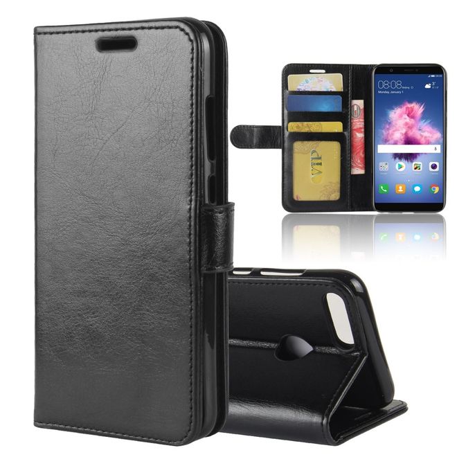 Huawei P Smart Handy Hülle - Crazy Horse Leder Bookcover - mit Visitenkartenfach - schwarz