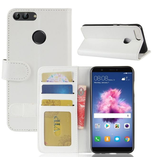 Huawei P Smart Handy Hülle - Crazy Horse Leder Bookcover - mit Visitenkartenfach - weiss
