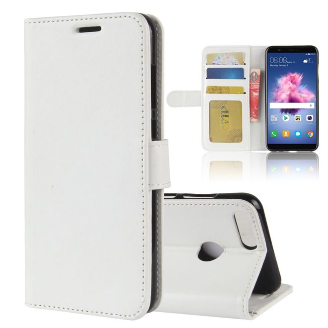 Huawei P Smart Handy Hülle - Crazy Horse Leder Bookcover - mit Visitenkartenfach - weiss