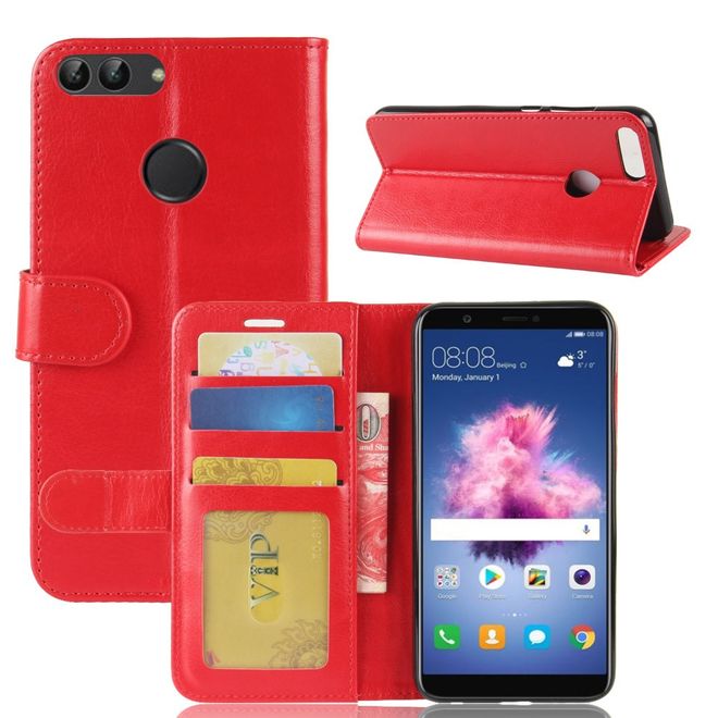 Huawei P Smart Handy Hülle - Crazy Horse Leder Bookcover - mit Visitenkartenfach - rot