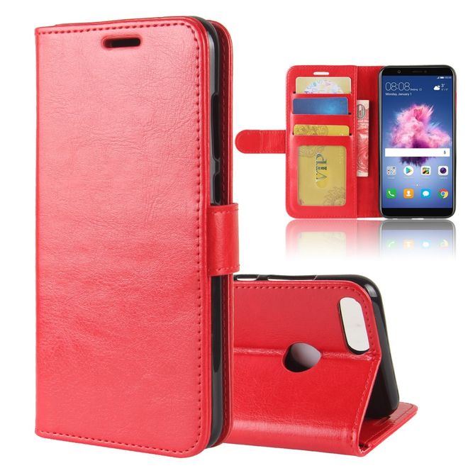 Huawei P Smart Handy Hülle - Crazy Horse Leder Bookcover - mit Visitenkartenfach - rot