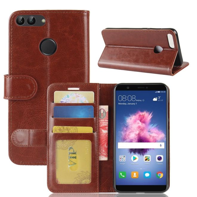 Huawei P Smart Handy Hülle - Crazy Horse Leder Bookcover - mit Visitenkartenfach - braun