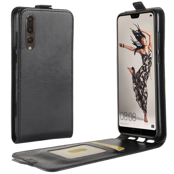 Huawei P20 Pro Handy Hülle - Crazy Horse Leder Flipcase - vertikal - schwarz