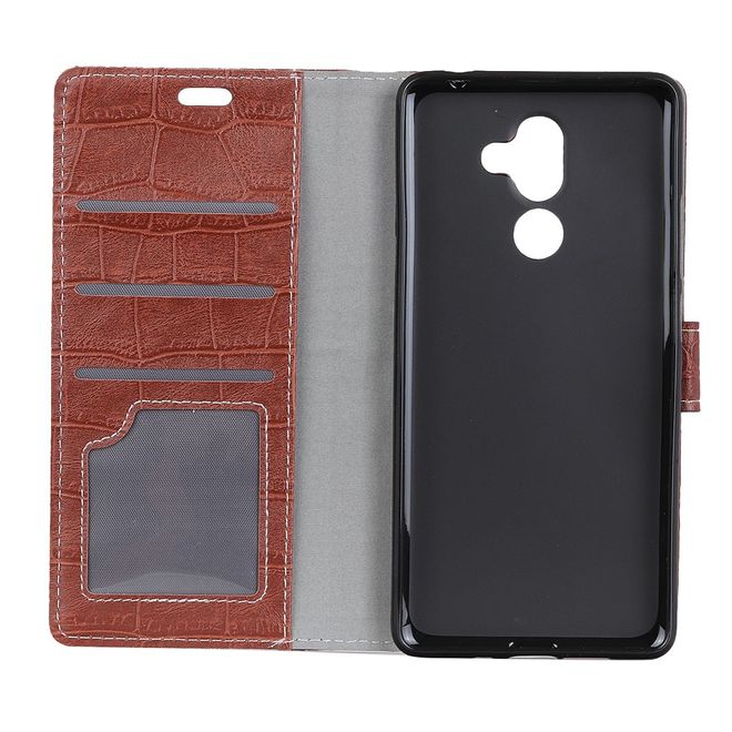 Alcatel 3X Handy Hülle - Case aus Leder - mit Krokodiltextur und Standfunktion - braun