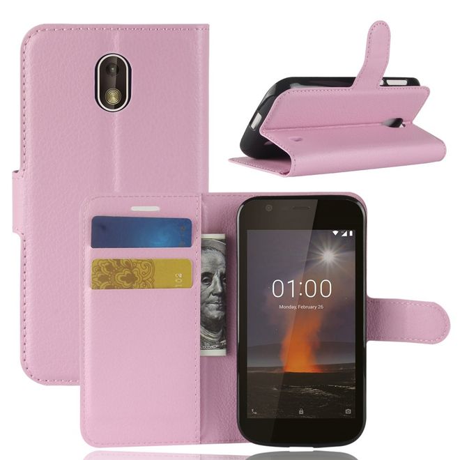 Nokia 1 Handyhülle - Litchi Leder Bookcover Series - pink