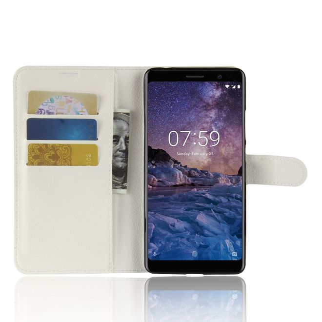 Nokia 7 Plus Handyhülle - Litchi Leder Bookcover Series - weiss