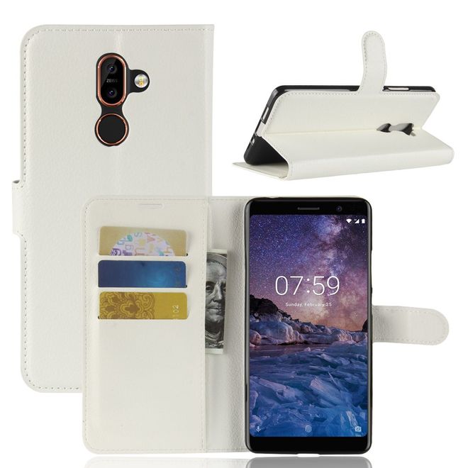 Nokia 7 Plus Handyhülle - Litchi Leder Bookcover Series - weiss
