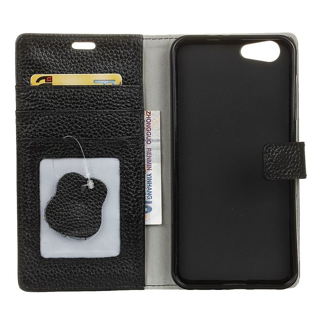 HTC Desire 12 Echtleder Hülle - Litchi Echtleder Bookcover Series - schwarz