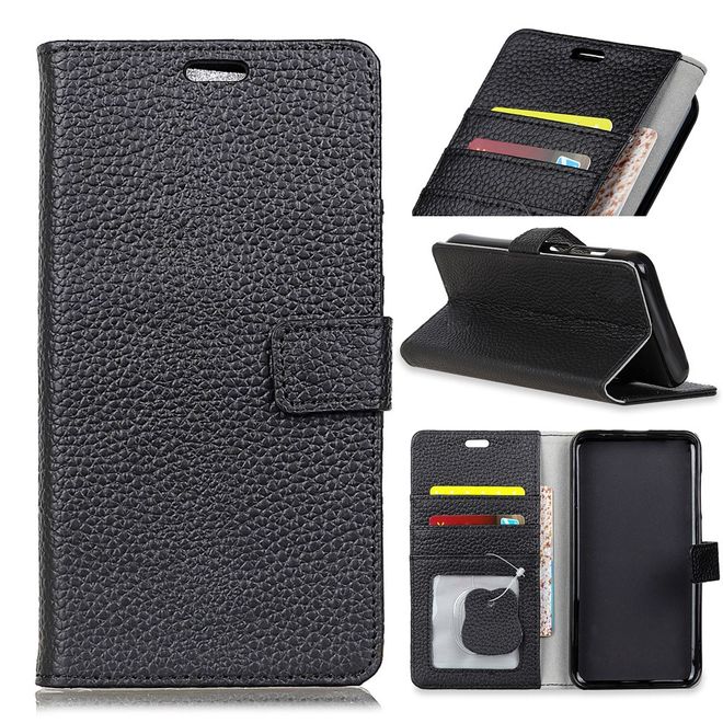 HTC Desire 12 Echtleder Hülle - Litchi Echtleder Bookcover Series - schwarz