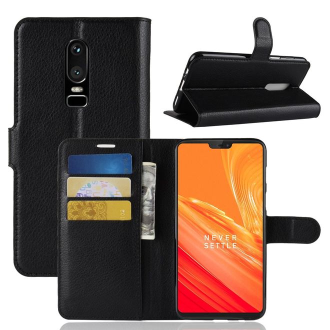 OnePlus 6 Handy Hülle - Litchi Leder Bookcover Series - schwarz