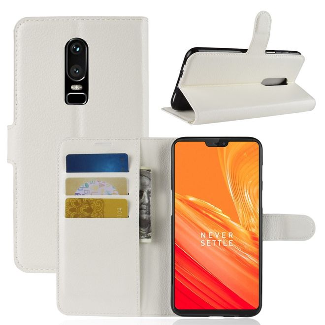OnePlus 6 Handy Hülle - Litchi Leder Bookcover Series - weiss