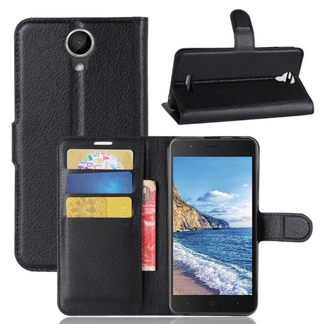 Wiko Harry Handy Hülle - Litchi Leder Bookcover Series - schwarz
