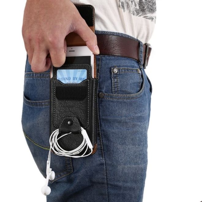 Universelle Handytasche (bis 5.5") - Hülle aus Leder - mit Karabinerhaken und Kartenslot - schwarz