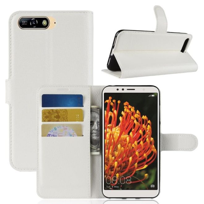 Huawei Y6 (2018) Handy Hülle - Litchi Leder Bookcover Series - weiss