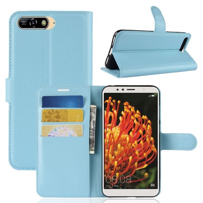 Huawei Y6 (2018) Handy Hülle - Litchi Leder Bookcover Series - hellblau