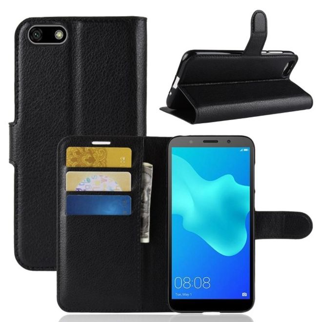 Huawei Honor 7S / Y5 (2018) Handy Hülle - Litchi Leder Bookcover Series - schwarz