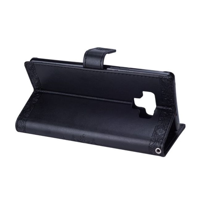 Samsung Galaxy Note 9 Handy Hülle - Case aus Leder - mit eingedrucktem Bild - Blumenmuster - schwarz