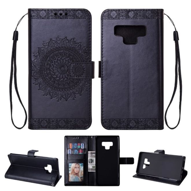 Samsung Galaxy Note 9 Handy Hülle - Case aus Leder - mit eingedrucktem Bild - Blumenmuster - schwarz
