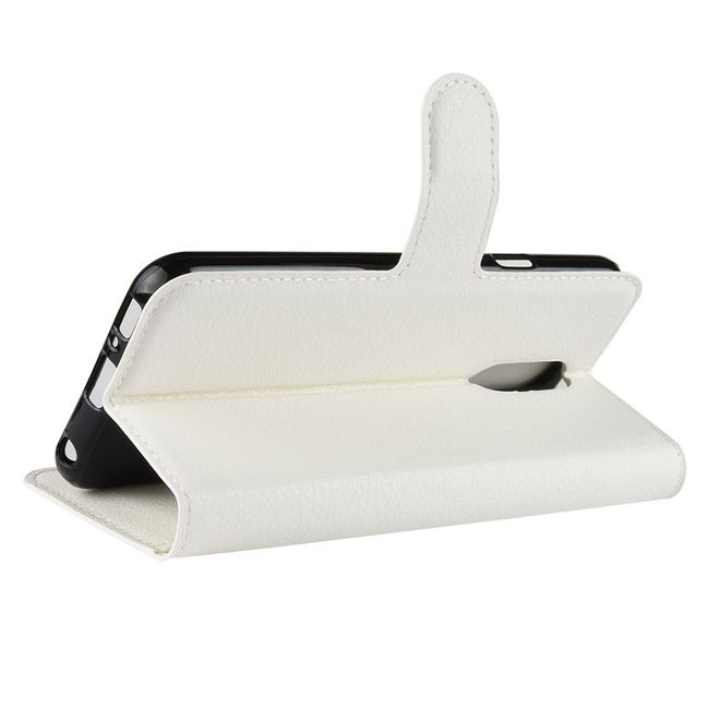 LG Q7 / Q7+ Handy Hülle - Litchi Leder Bookcover Series - weiss