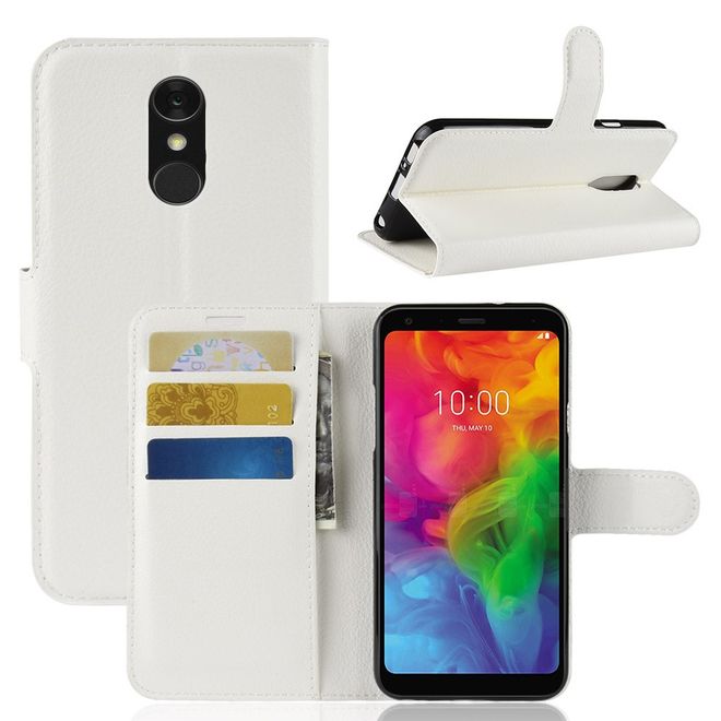 LG Q7 / Q7+ Handy Hülle - Litchi Leder Bookcover Series - weiss