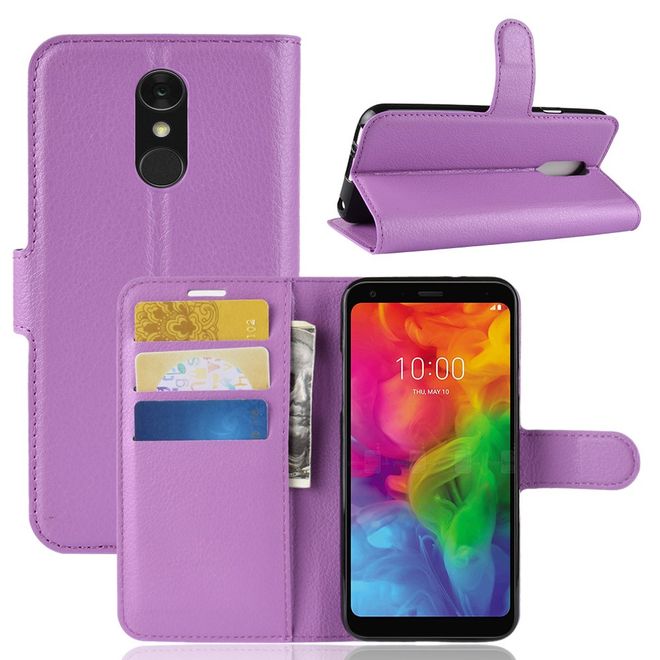 LG Q7 / Q7+ Handy Hülle - Litchi Leder Bookcover Series - purpur