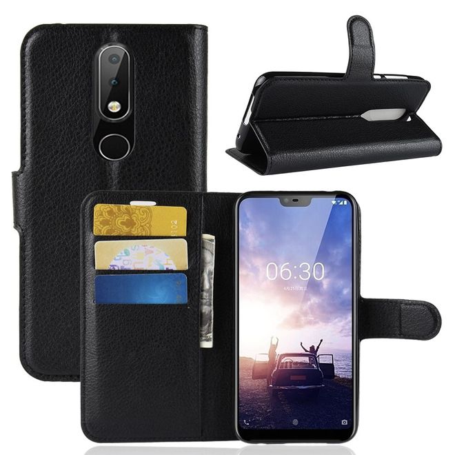 Nokia 6.1 Plus Handy Hülle - Litchi Leder Bookcover Series - schwarz