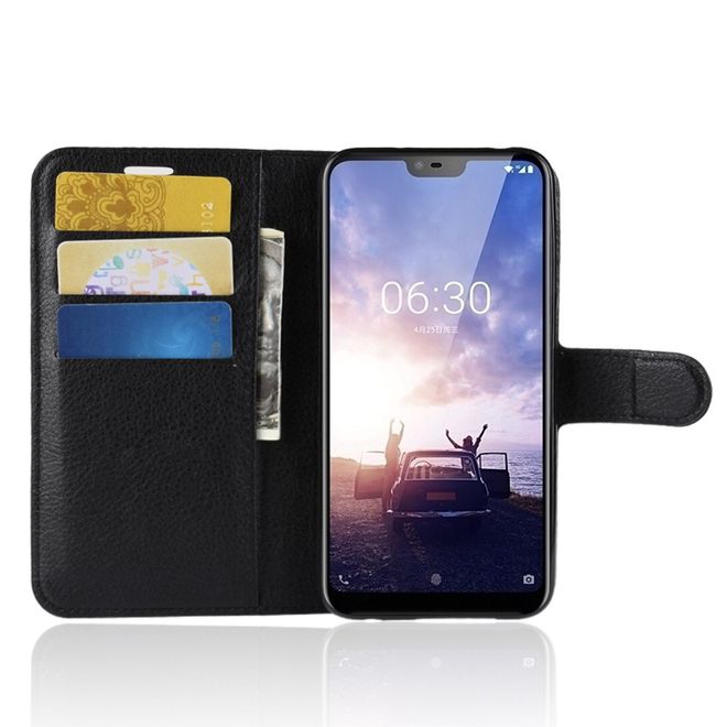 Nokia 6.1 Plus Handy Hülle - Litchi Leder Bookcover Series - schwarz