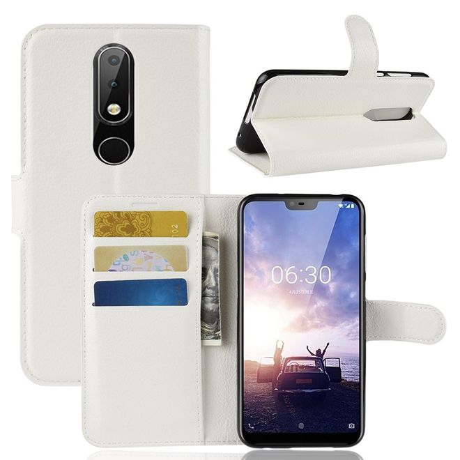 Nokia 6.1 Plus Handy Hülle - Litchi Leder Bookcover Series - weiss