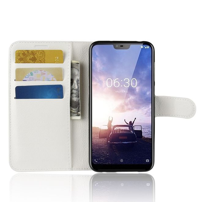 Nokia 6.1 Plus Handy Hülle - Litchi Leder Bookcover Series - weiss