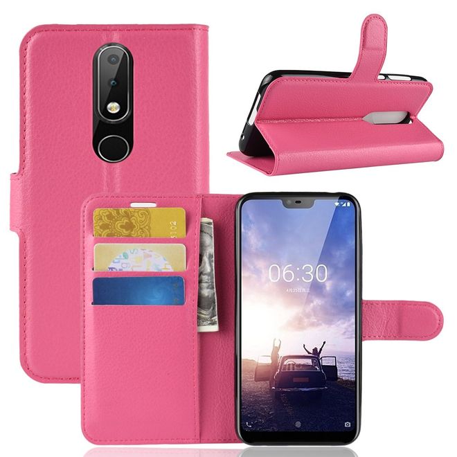 Nokia 6.1 Plus Handy Hülle - Litchi Leder Bookcover Series - rosa
