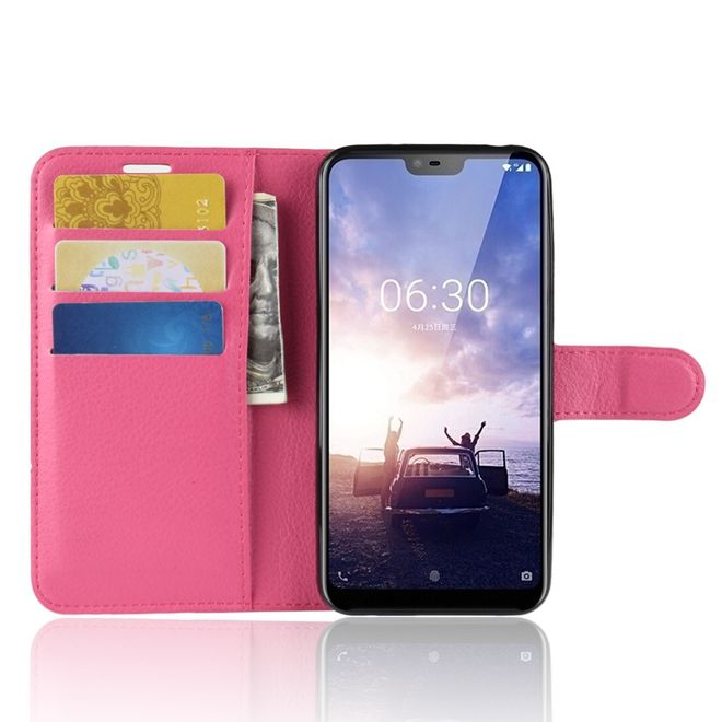 Nokia 6.1 Plus Handy Hülle - Litchi Leder Bookcover Series - rosa