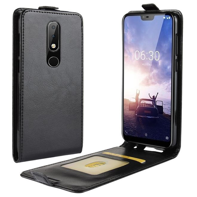 Nokia 6.1 Plus  Handy Hülle - Crazy Horse Flip Leder Series Case - schwarz