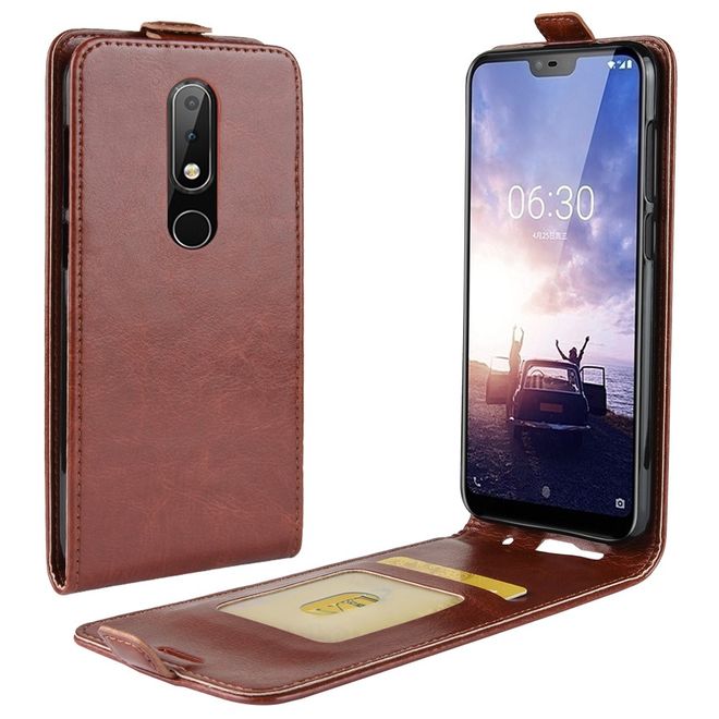 Nokia 6.1 Plus  Handy Hülle - Crazy Horse Flip Leder Series Case - braun