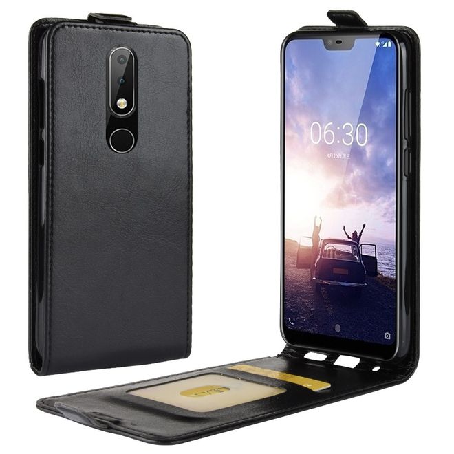 Nokia 5.1 Plus  Handy Hülle - Crazy Horse Flip Leder Series Case - schwarz