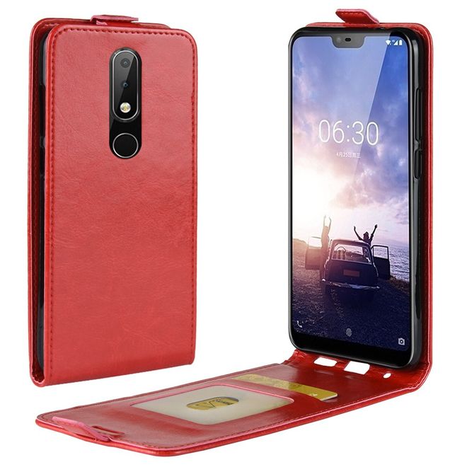 Nokia 5.1 Plus  Handy Hülle - Crazy Horse Flip Leder Series Case - rot