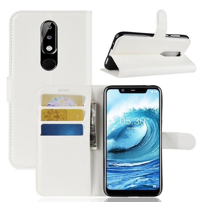 Nokia 5.1 Plus Handy Hülle - Litchi Leder Bookcover Series - weiss