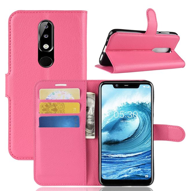 Nokia 5.1 Plus Handy Hülle - Litchi Leder Bookcover Series - rosa